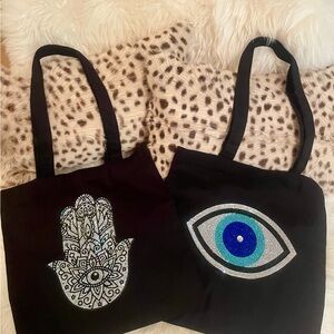 New Black Totes with Hamsa Hand and Evil Eye Designs!